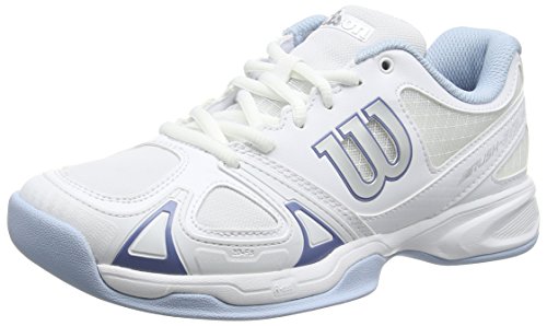 Wilson Femme Chaussures de Tennis, Idéal pour les joueuses de tous niveaux, Pour tout type de terrain, RUSH EVO CARPET, Tissu Synthétique, Blanc (White/White/Cashemere Blue), Taille: 39