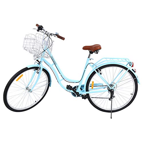 MuGuang 28 Pouces Vélos de Ville pour Homme Femme 7 Vitesses Femme City Bike Outdoor Sports City Vélo Shopper Vélo Light Blue + Basket + Bell + Batterie-Alimenté Lumière (Bleu)