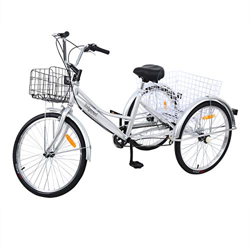 Yonntech 24' Tricycle Adulte 7 Vitesses Gears vélo Femme/vélo Homme vélo de Ville vélo Hollandais Panier Inclus (Argent)