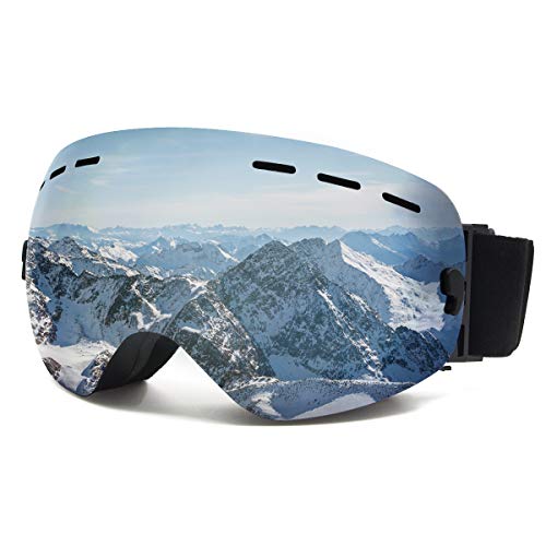 ShellBox Lunettes de Ski Masque Snowboard Ski Hommes Femmes Adultes,OTG Masque de Ski,Anti-Buée,Coupe-Vent,UV 400 Protection, Compatible Les Casques(Argent)