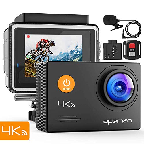 APEMAN Caméra Sport 4K Ultra HD 16MP WiFi Caméra d'action Étanche 40M LCD 2.0 Pouces 170°Grand-Angle et Microphone Externe avec 2 Batteries et Un Kit Complet d'Accessoires