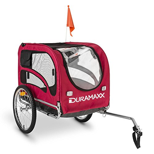 Duramaxx King Rex Remorque à vélo pour Transport d'animaux Attelage pour Chien (contenance 250 L, Charge maximale 40 kg, fanions, Structure en Acier) - Rouge