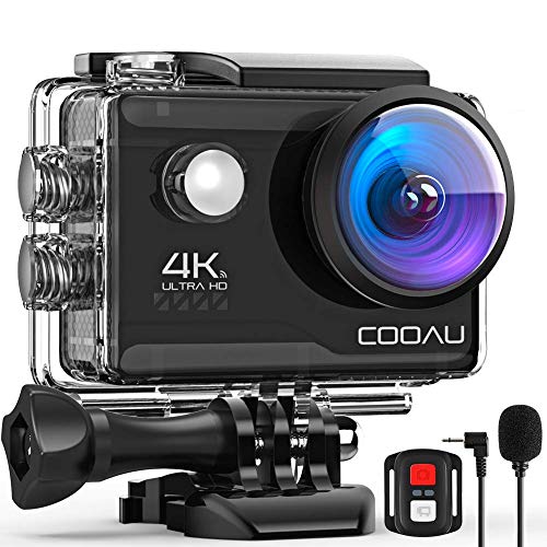 COOAU Caméra Sport 4K 20MP avec Wi-FI Microphone Externe Télécommande stabilisateur EIS, Caméra d'action Étanche 40M avec 2X1200mAh Piles et 20 Accessoires
