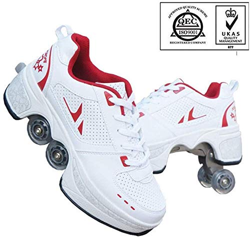 AG Patins roues rétractables multifonctions Chaussures 2 à Deformation 1, adapté pour les débutants adultes et enfants,Blanc rouge,39
