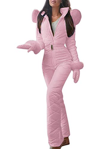 Minetom Combinaison de Ski Femme Fille Hiver Chaud Peluche Capuche Overall Neige Extérieur Sports Pantalon Ski Suit Imperméable Jumpsuit Rose 34