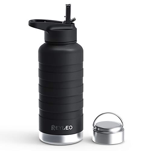 REYLEO Bouteille d'eau isolée en Acier Inoxydable avec Deux Covuercles, Bouteille Isotherme avec Paille,Thermo Gourde, 500mL,Noir, Garde Froid 24h ou Chaud 8h, Reutilisable & sans BPA