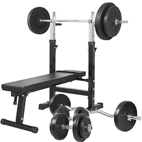 Gorilla Sports Banc de musculation GS006 + Set haltères disques en plastiques et Barres 97,5KG