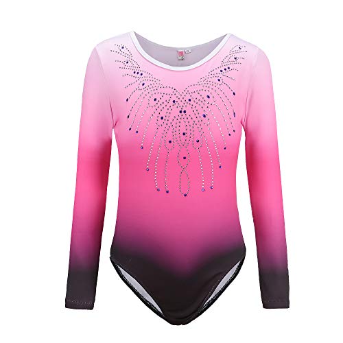 Sinoem Justaucorps de Gymnastique Fille Couleur Dégradé Multicolore Manches Longues Leotard Danse Ballet pour Enfant 5-12 Ans (11-12 Ans, Rose - Manches Longues)