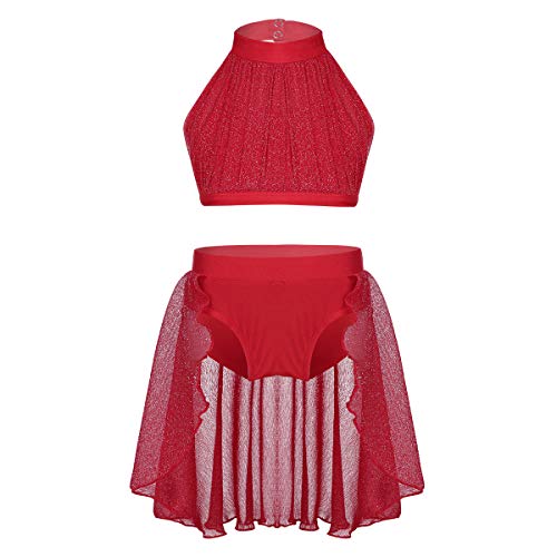 YiZYiF Enfant Fille Robe Danse Tutu Justaucorps Ballet Gymnastique Haut Danse et Jupe Tulle Ensemble Vêtement Sport Yoga Costume Performance Bodysuit Robe 2-12 Ans Rouge 8-10 Ans