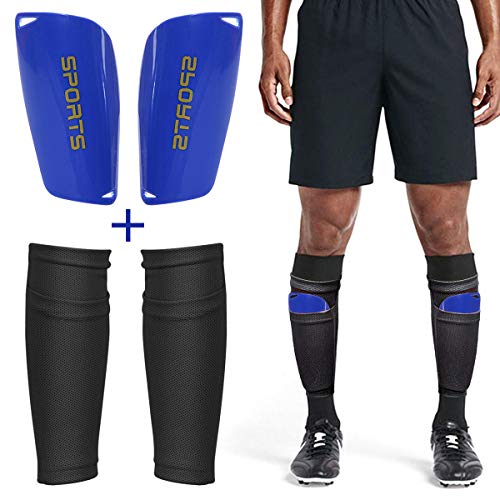 Dokpav Football Protège-Tibia Chaussettes + Jambières Manches Double Couche Protège-Tibias Maille Respirant- Enfant Adolescent Adulte- Football Jeux débutant Elite athlétisme (Adulte: Noir + Bleu)