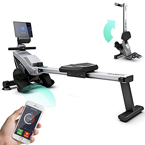 Bluefin Fitness Rameur d'Appartement Pliable Blade Résistance Magnétique Ajustable | 8X Niveaux de Tension | Fonctionnement à Courroie Silencieux | Écran LCD | App Smartphone | Noir & Gris Argenté