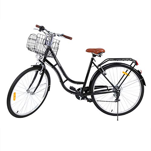 MuGuang 28 Pouces Vélos de Ville Homme Femme 7 Vitesses Femme City Bike Outdoor Sports City Vélo Shopper Vélo Light Blue + Basket + Bell + Batterie-Alimenté Lumière (Noir)