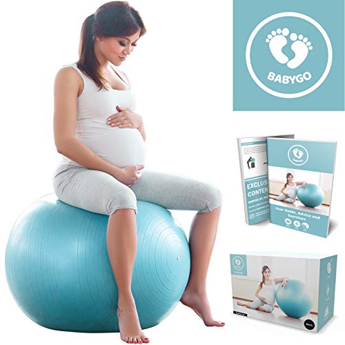 BABYGO Ballon de Grossesse Swiss Ball pour Gym Accouchement Femme Enceinte Gymnastique Pilates Fitness Maternité Yoga, Anti-Explosion avec Pompe, 65cm + Gratuite Livre préparation à la Naissance