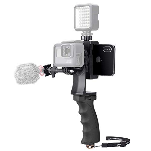 2 en 1 Kit Vidéo Pratique pour Gopro et Smartphone, Stabilisateur de Caméra Sport, Poignée Téléphone Multifonctionne pour We-Media/Youtube/Livestream/Vlog Compatible avec GoPro Sony DJI OSMO Action