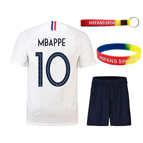 Ensembles de Sport Maillot de Football Garçon Manche Courte 2 étoiles Suit de Football (Blanc 10 Mbappe, T22 (Taille 120-130))