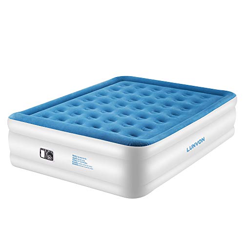 Lunvon Matelas Gonflable 2 Personnes avec Pompe Electrique Intégrée, Lits Gonflable avec et Oreiller, Queen Matelas Lit D'invité, 203 x 157 x 47 cm, Bleu, Garantie de 2 Ans