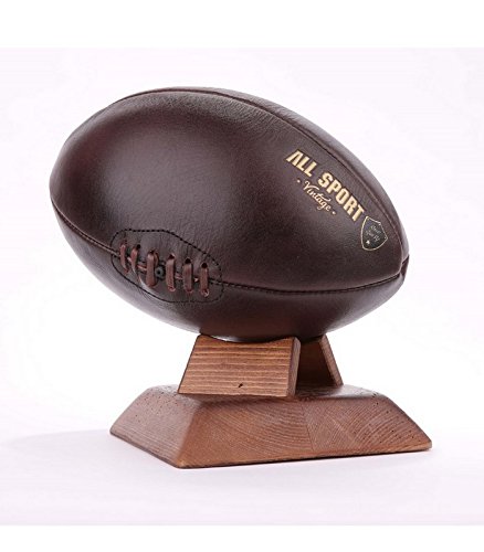 ALL SPORT VINTAGE Ballon de Rugby - Chocolat, Socle carré en Bois Massif foncé