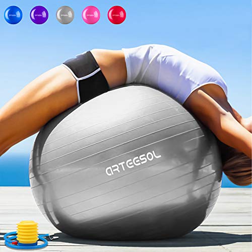 arteesol Balle Fitness 65 cm/75 cm Anti-éclatement Anti-dérapant Yoga Swiss Ball Accouchement Balle Rapide Pompe Fitness Gym Yoga Pilates Core Training Thérapie Physique (Argent, 45cm)