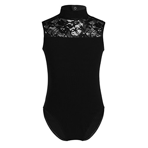 IEFIEL Justaucorps de Gymnastique Gym Enfant Fille Dentelle Leotard Bodysuit Ballet Danse sans Manches Combinaison pour Enfant 5-14 Ans Noir 13-14 Ans