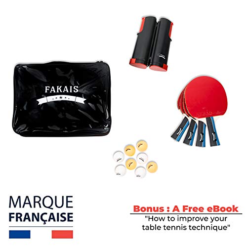 FAKAIS Raquette de ping Pong Professionnel, 4 Raquettes de Tennis de Table-8 balles-Filet de ping Pong rétractable-Sac de Rangement sécurisé-Parfait pour Jouer en Famille Entre Amis ou en compétition