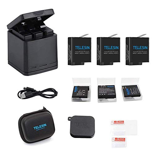 TELESIN Chargeur de batterie triple Set Chargeur + Batteries avec câble USB Type-C Kit d'accessoires pour GoPro Hero 6 / Hero 5 (Kit de batterie de chargeur 6 en 1)