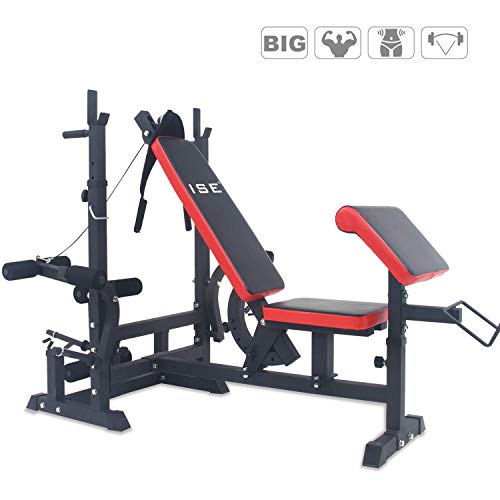 ISE Professionnel Banc de Musculation Multifonction Station d’entraînement Gym 6 Réglage en Hauteur avec Flexion des Jambes l’entraîneur Abdominal Butterfly,Barre de Flexion jusqu’à 150 kg