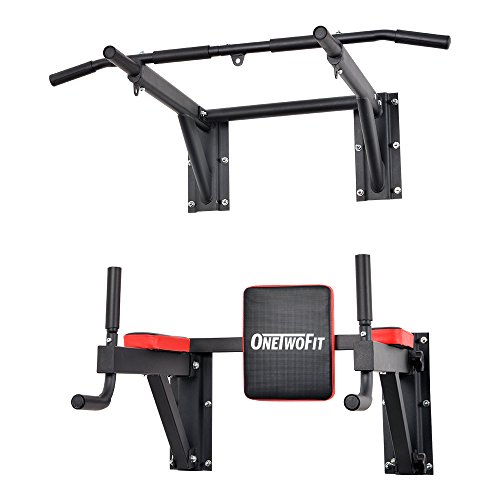 OneTwoFit PullUpFitness-Barre de Traction Murale-Chaise Romaine Murale - Musculation Fitness 3 Anneaux pour TRX, Punching-Ball, poignées antidérapantes, Dips Station Fixation Inclus Max 300 KG OT086