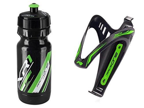 RaceOne.it - KIT Fluo Race - 2 PCS - Bidon avec Porte-bidon de Vélo. Bouteille d'eau avec support pour Cyclisme VTT/ Vélo de Route / MTB / Gravel Bike. Bottle XR1 + Bottle Cage X3 /600 CC. Coleur: Vert Fluo - 100% MADE IN ITALY