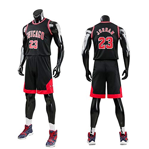 Daoseng Enfant garçon NBA Michael Jordan # 23 Chicago Bulls Short de Basket-Ball Retro Maillots d'été Uniforme de Basket-Ball Top & Shorts (Noir-Adulte, L/Adulte Hauteur 160-165CM)