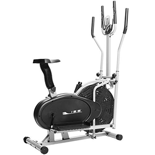 ISE Vélo Elliptique et Vélo d'Appartement 2 en 1,Cross Trainer avec Siège, Cardio Training avec Pulsomètre & Écran LCD, Max. 120KG, SY-9002