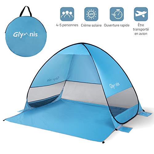 Glymnis Tente de Plage Pop-up Anti UV 4 ou 5 Personnes Abri Soleil UPF 50+ Automatique Montage Instantané Famille Extérieur Portatif pour Plage Camp Bain de Soleil