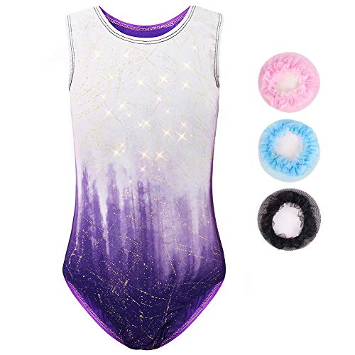 Sinoeem Justaucorp de Gymnastique Fille Couleur Dégradé Multicolore Manches Longues/Courtes Justaucorps de Gym pour Enfant 3-12 Ans (Violet-Manches Courte, Tag 8A(7-8 Years))