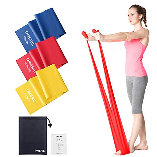 OMERIL Bande Élastique Fitness, 1.5M[Lot de 3] Bande de Résistance 3 Niveaux de Force en Latex Naturel Équipement d'Exercices pour Rééducation Physique Musculation Pilates Yoga avec Sac de Rangement