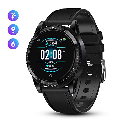 GOKOO Montre Connectée Smartwatch Homme Bluetooth Montre Sport Bracelet Cuir avec Moniteur de Fréquence Cardiaque IP68 Montre Intelligente Fitness Tracker d'Activité pour Android iOS (Noir)