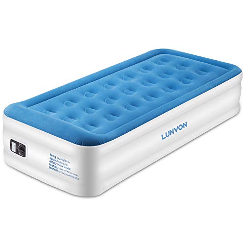 Lunvon Lit Gonflable avec Pompe Electrique Intégrée, Matelas Gonflable Une Personne avec Oreiller et Sac de Rangement, 196 x 97 x 47 cm, Bleu, Garantie de 2 Ans