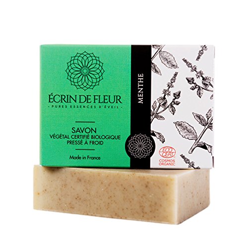 ÉCRIN DE FLEUR - Savon à la Menthe Certifié Biologique par Ecocert - aux Huiles de Menthe Verte & Poivrée, Feuilles de Menthe moulues, Revigorant & Rafraîchissant, après le sport, pour Hommes & Femmes