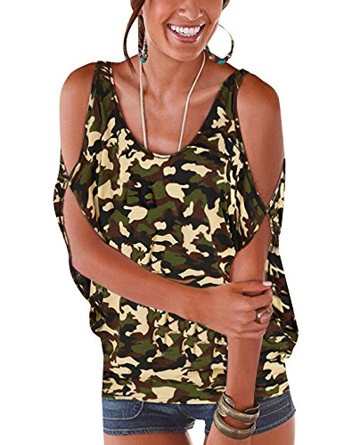 YOINS Femme Lâche Tee Shirt Court Été Sexy Batwing Épaules Dénudées Chic Haut Blouse Imprimée Floral Col Round Tee Shirt Grande Taille,Vert Armée,EU 40-42(Taille Fabricant: M)