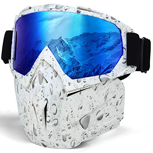 LAMEDA Masques de Lunettes Moto Lunette de Ski Antibuée pour Motocross Motoneige Snowboard Casque à Visage Coupe-Vent Anti-UV(Cadre Blanc+ Verre Bleu)