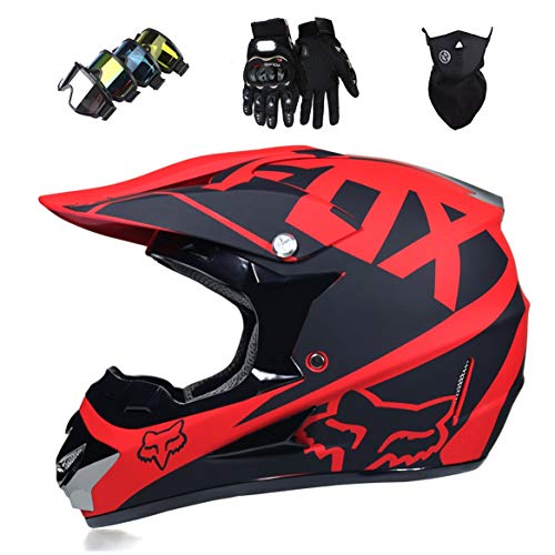 Hireomi Casque de Motocross Kit Professionnel Casque de Moto Adultes Off-Road Cross Road Race Casque De Route Unisexe IntéGral Y Compris des Lunettes/des Gants/Masques(XS, S, M, L, XL),Red,L(59~60cm)