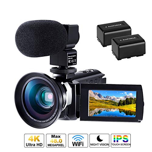 Caméscope 4K Caméra Numérique Ultra HD 1080P 60FPS Micro Camescope CofunKool 48MP avec Vision Nocturne Infrarouge WiFi Caméscope Numérique avec Microphone Objectif Micro Grand Angle et 2 Piles