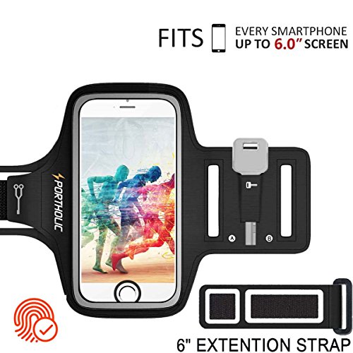 PORTHOLIC Universel Brassard de Sport iPhone 8 Plus/7 Plus/6 Plus/6s Plus,Samsung S9 S8/S8 Plus S7 Edge,Téléphone Jusqu'à 6.0'',Anti-Sueur Armband avec Porte-Clés&Carte,Attache pour Câble -Touch ID