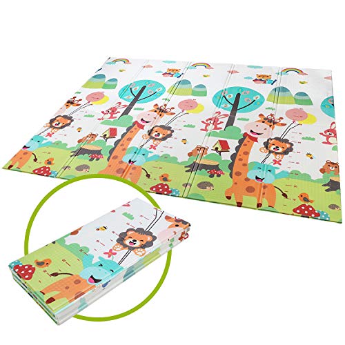 BAMNY Tapis de Jeu pour Bébé, Tapis d'Éveil Enfant, 200 * 180 * 1cm, Tapis pliable en mousse XPE, antidérapant, imperméable, Appliquer à Double Face, avec Echelle (Motif de Girafe)