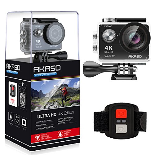 AKASO Caméra Sport Etanche 4k WiFi Action Cam 30fps, Caméscope Ultra HD, Écran LCD, Grand Angle 170°, 2 Batteries Rechargeables 1050mAh, 2.4GO Télécommande, 19 Kits d'Accessoires - Noir