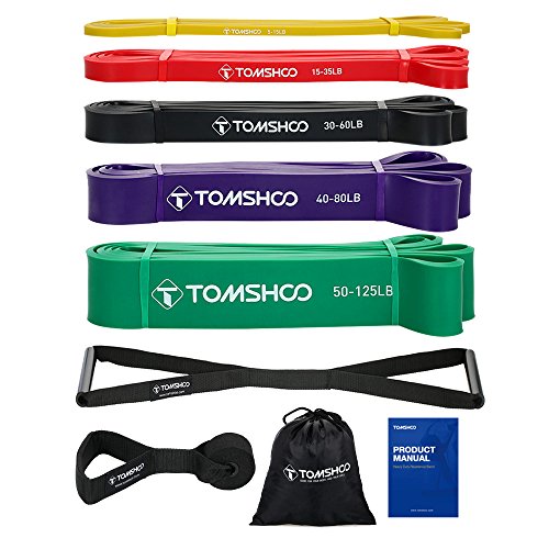 TOMSHOO Bande Élastique Fitness 5 Bandes de Résistance + 1 ancrage de Porte + 1 poignée, Latex Naturel Équipement d'Exercices pour Rééducation Physique Musculation Pilates Yoga avec Sac de Rangement