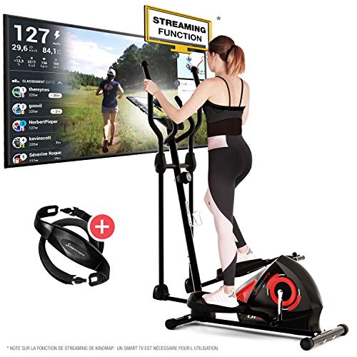 Sportstech CX608 Vélo Elliptique Appartement Fitness Ergomètre Cardio intérieur Compatible avec Bluetooth, App Smartphone (Kinomap), Porte-Tablette, Poids d'inertie 12 kg + Ceinture Cardio