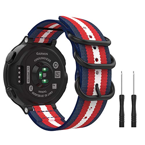 MoKo Bracelet Compatible avec Garmin Forerunner 235/220 / 230/620 / 630 / 735XT, Bracelet en Nylon Tissé Bracelet de Remplacement pour Garmin Forerunner 235 - Bleu + Rouge + Beige