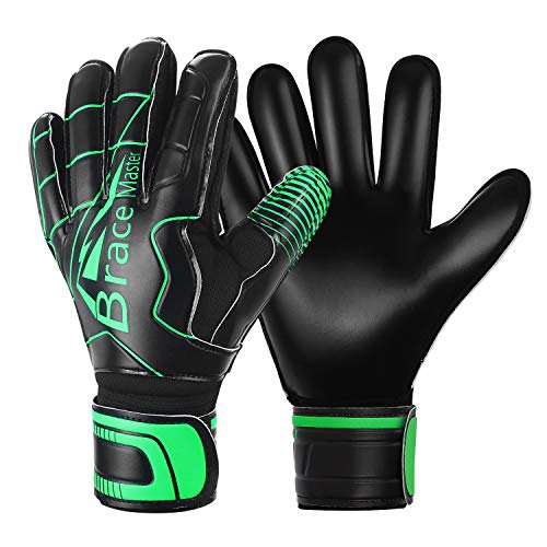 Brace Master Gants Gardien But, Type Squelette, résistance élevée, Doigt Robuste, 3mm d'épaisseur Protection Paume Latex Noir, Hommes Femmes Respirant Match de Football Gants (Vert Noir, 10)