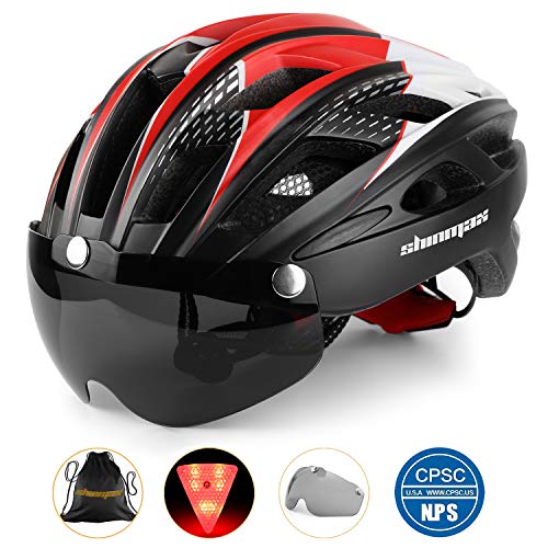 Casque de vélo avec éclairage LED, casque de vélo avec éclairage de sécurité Casque de vélo magnétique et écran amovible Planche à roulettes ski & snowboard (noir rouge blanc)