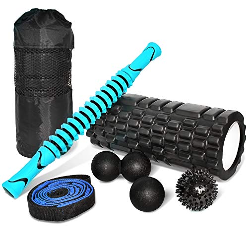 Mewtwo Kit de Rouleau Massage Fitness 7 en 1 Portatif, 12' Grand Rouleau Massage/Bâton de Massage/3 Balles de Massage pour/Sangle de Yoga, pour Le Massage Musculaire des Tissus Profonds Se détendre