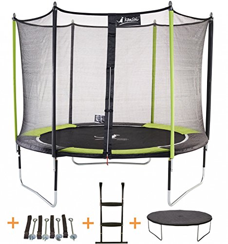 Kangui - Trampoline de Jardin 305 cm + Filet de sécurité + échelle + bâche de Protection + kit d'ancrage JUMPI Pop 300